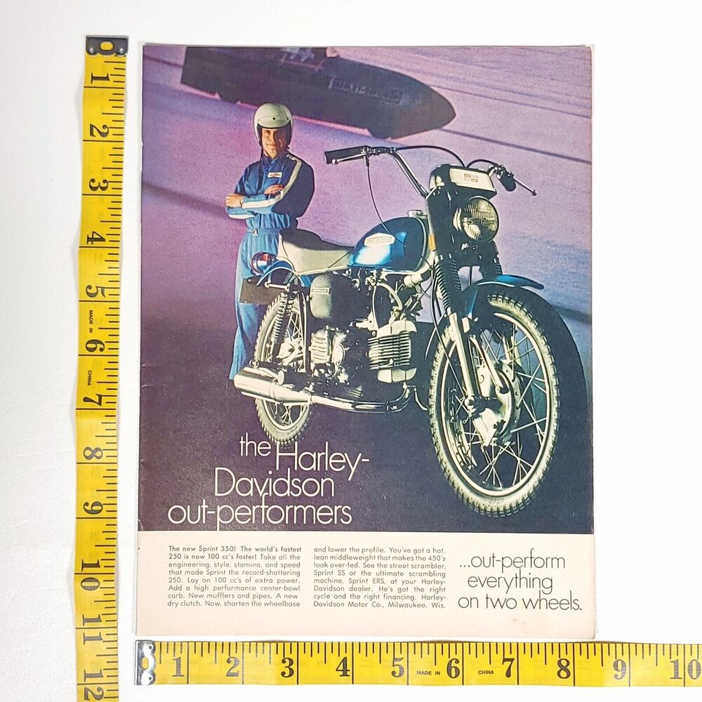 Harley Davidson Sprint 350 Print Ad Motorcycle Garage Wall Art 1969 Full Color